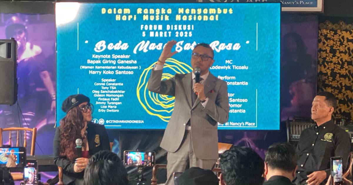 Wakil Menteri Kebudayaan Republik Indonesia, Giring Ganesha Djumaryo, saat memberikan sambutan pada acara Press Gathering Hari Musik Nasional 2026 yang digagas Cita Svara Indonesia (CSI) di Jakarta, Kamis,(5/3/2026).Poto.Alek.