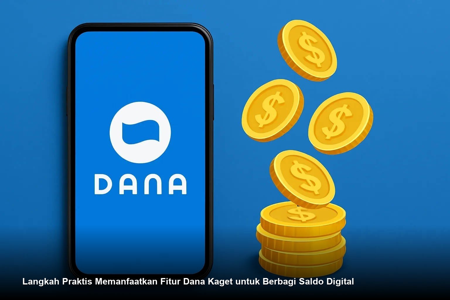 Ilustrasi tangan memegang ponsel pintar yang menampilkan aplikasi dompet digital dengan ikon berbagi saldo.