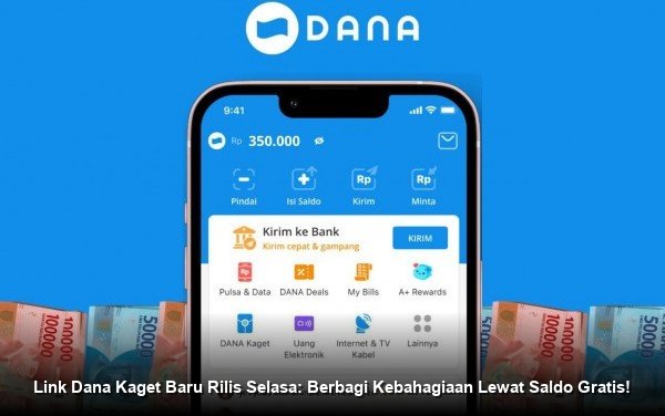 Ilustrasi tangan memegang smartphone yang menampilkan aplikasi DANA dengan amplop digital merah terbuka dan koin emas bertebaran di layar.