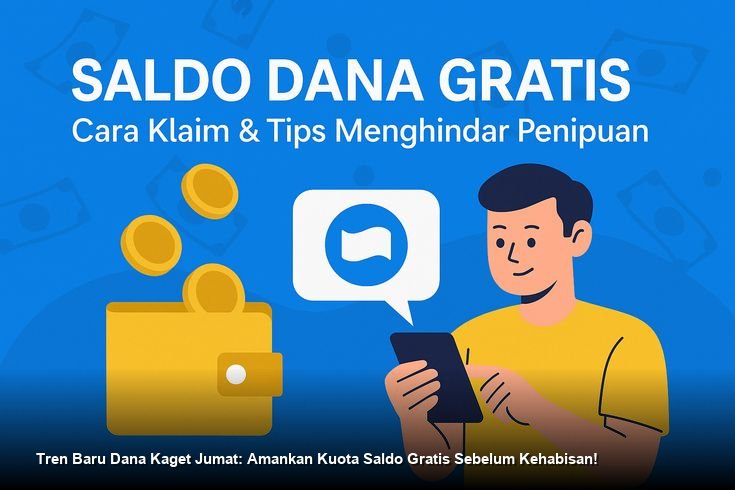 Ilustrasi tangan memegang smartphone dengan notifikasi amplop merah digital dari aplikasi DANA yang menandakan adanya saldo gratis.