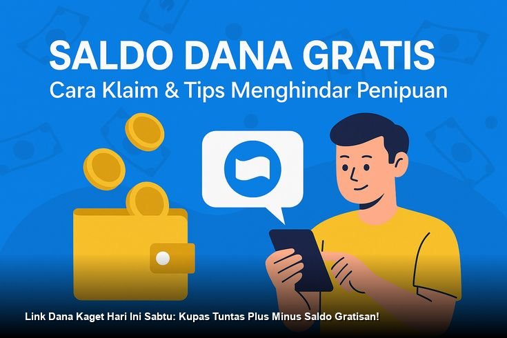 Ilustrasi tangan memegang smartphone yang menampilkan notifikasi amplop merah Dana Kaget dengan latar belakang warna biru khas aplikasi DANA.