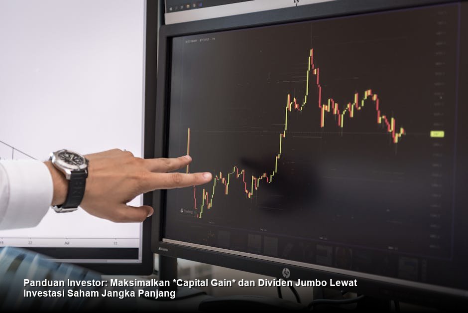 Tampilan grafik *candlestick* saham berwarna hijau solid yang menunjukkan tren kenaikan stabil di layar monitor bursa saham modern.
