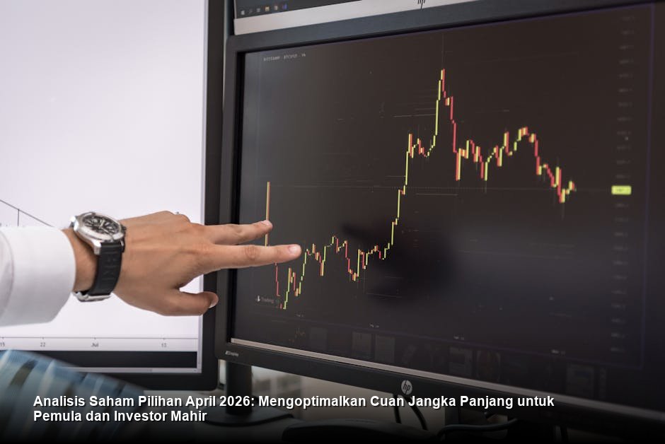 Tampilan visual chart candlestick saham berwarna hijau yang menunjukkan tren naik stabil di atas latar belakang bursa saham modern dengan grafik data yang kompleks.