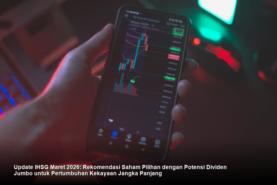 Grafik candlestick berwarna hijau yang menunjukkan tren naik yang stabil dengan latar belakang interior bursa saham modern yang dilengkapi layar LED data pasar real-time.