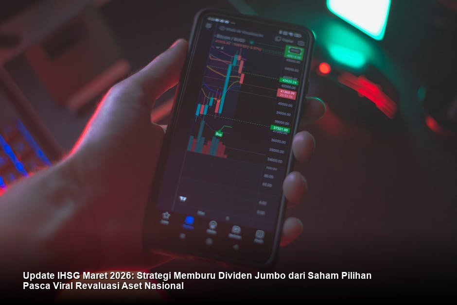 Chart candlestick harian IHSG berwarna hijau cerah yang menembus garis resistance dengan latar belakang layar bursa saham modern di Jakarta.