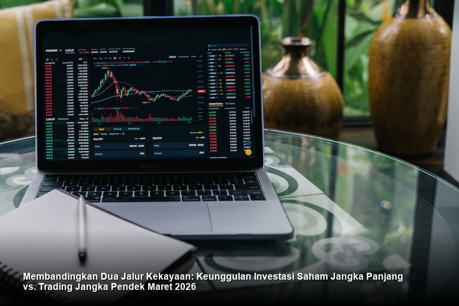 Grafik candlestick berwarna hijau yang menunjukkan tren naik yang stabil di atas moving average jangka panjang, melambangkan pertumbuhan investasi jangka panjang.