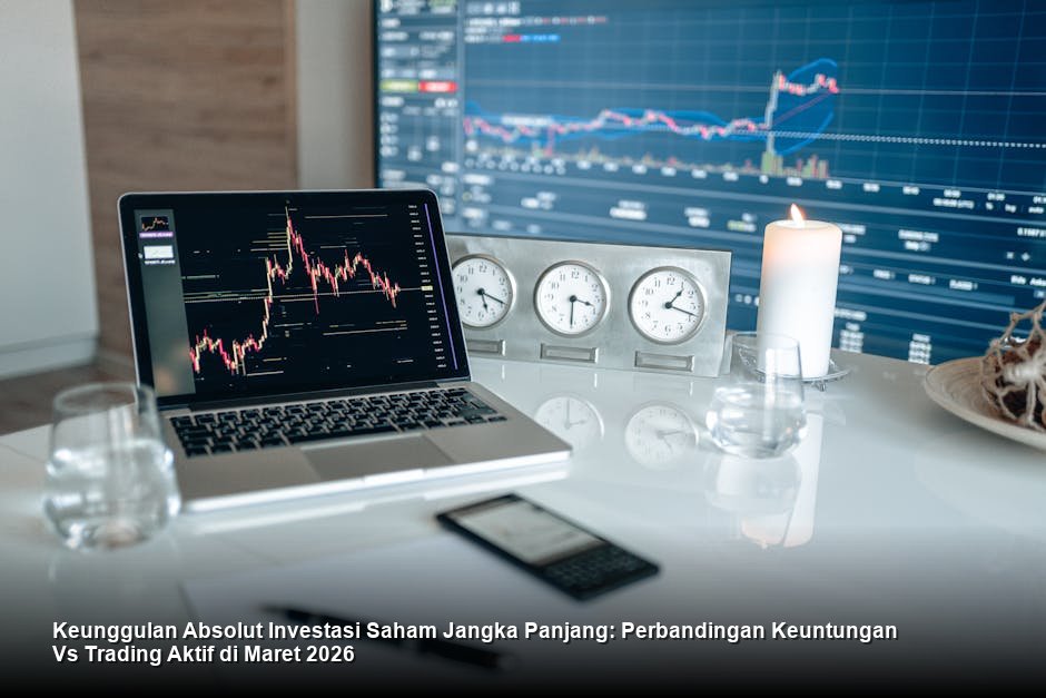 Grafik candlestick saham berwarna hijau yang menunjukkan tren kenaikan stabil di tengah keramaian bursa saham modern.